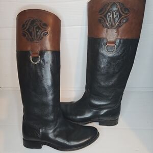 Frye Melissa Monogram Logo Two-Tone Cognac/Black Leather Tall Riding PullUp Boot